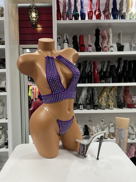 Purple Crystal Glam Set rhinestone halter top and matching crystal thong outfit