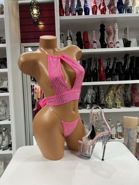 Pink Crystal Glam Set rhinestone halter top and matching thong two piece outfit