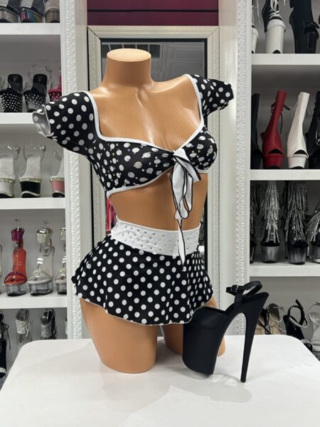 Retro Dottie Skirt Set with black and white polka dot crop top, mini skirt, and crystal accents