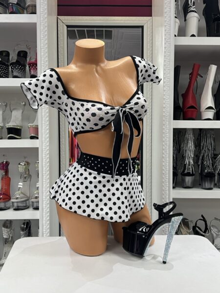 Retro Polka Skirt Set with black and white polka dots, tie-front crop top, and matching mini skirt
