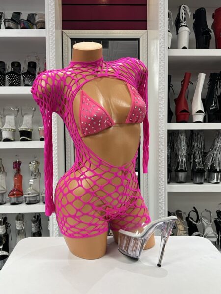 Hot Pink Net Romper with open-front fishnet design and matching crystal bikini