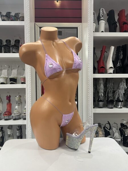 Lavender Kitty Sparkle Bikini with crystal accents and kitty graphics in pastel lavender