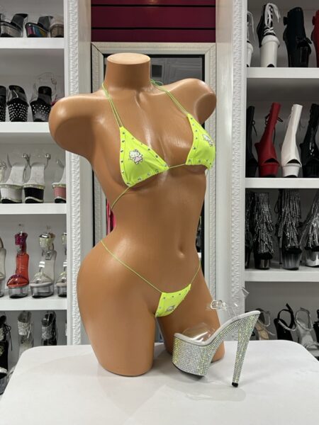 Neon Kitty String Bikini with crystal accents and kitty graphics in neon lime