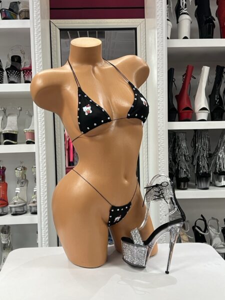 Midnight Kitty Micro Bikini with crystal accents and kitty graphics on a black micro bikini set