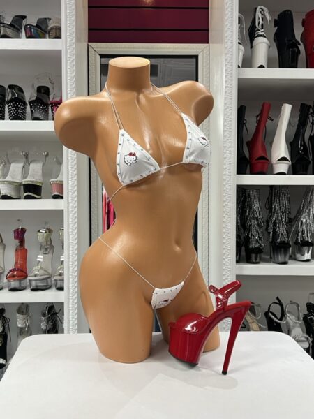 Diamond Kitty Micro Bikini with crystal accents and cute kitty graphics on a white micro bikini set