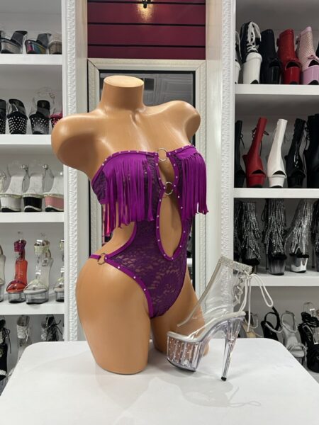 Purple Fringe Lace Bodysuit with floral lace, fringe trim, and metallic ring accents