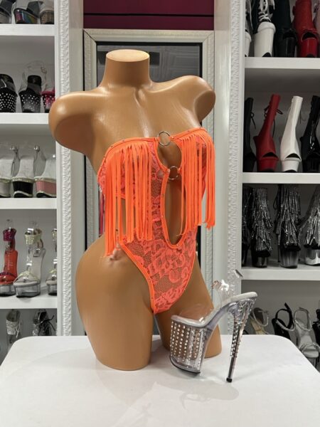 Neon Fringe Lace Bodysuit with orange floral lace, fringe trim, and metallic ring accents