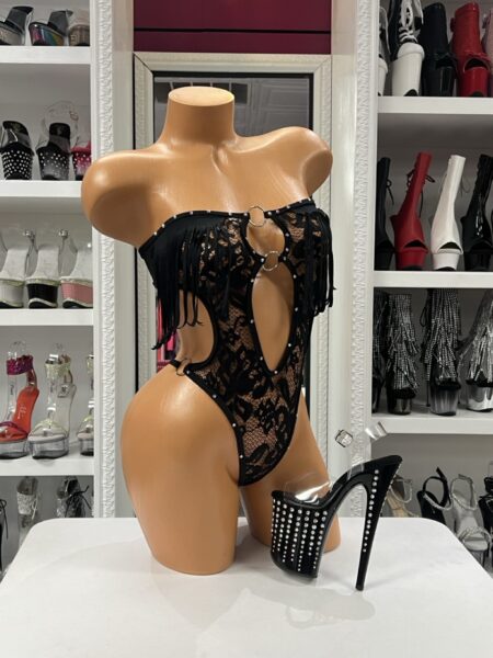 Midnight Fringe Lace Bodysuit with black floral lace, fringe accents, and metallic ring details