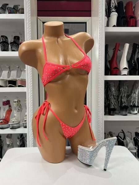 Coral Crystal Tie Bikini with crystal embellishments and side tie thong bottom