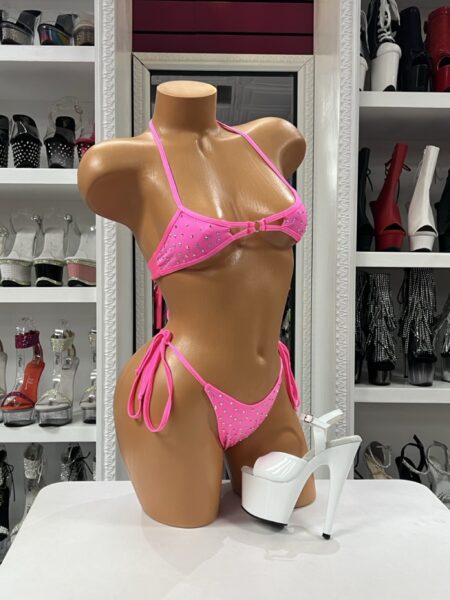Pink Crystal Tie Bikini with crystal embellishments and adjustable side tie thong bottom