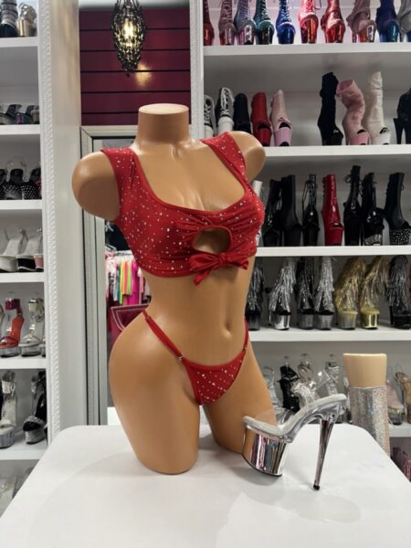 Rhinestone Keyhole Bikini Set in red with crystal embellishments and matching thong bottom
