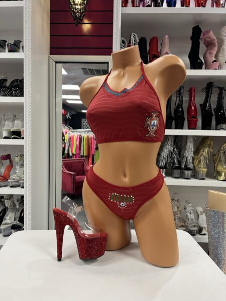 Portugal Victory Bikini Set in red featuring crystal accents, Portugal crest graphic, and matching 2026 themed bottoms.