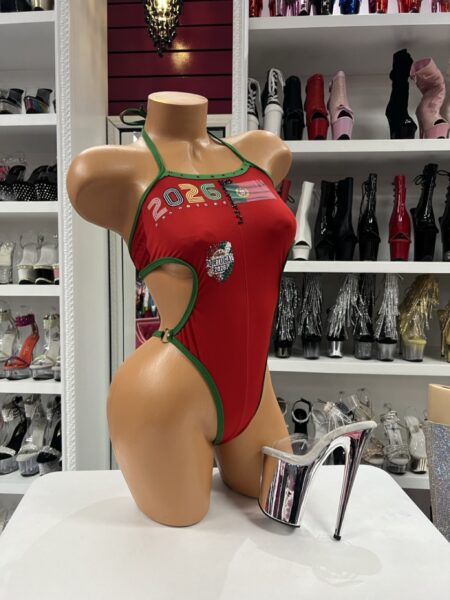 Portugal Pride Monokini Bodysuit in red with green trim, crystal accents, Portugal graphics, and side cutouts.