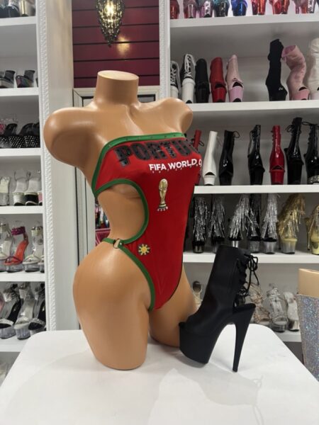 Champion Cutout Bodysuit Costume featuring a red strapless design, green trim accents, side cutouts, and a high-cut silhouette.
