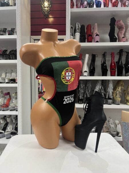 Portugal Flag Cutout Bodysuit featuring red and green colors, side cutouts, rhinestone accents, and a high-cut silhouette.
