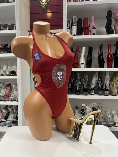 Portugal Pride Bodysuit Costume in red featuring a halter neckline, high-cut silhouette, and athletic-inspired themed design.