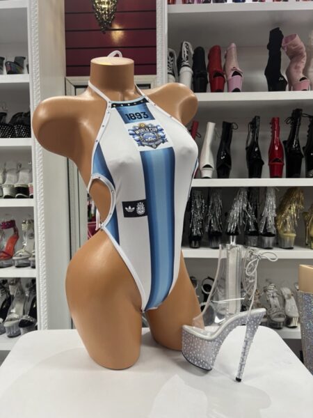 Argentina Stripe Bodysuit Costume featuring blue and white vertical stripes, halter neckline, and high-cut performance styling