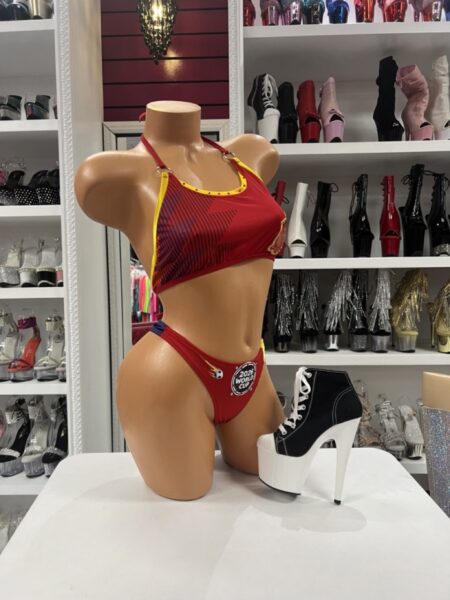 Soccer Fan Dancewear Set red and yellow sporty two-piece costume outfit with halter top and matching bottoms.