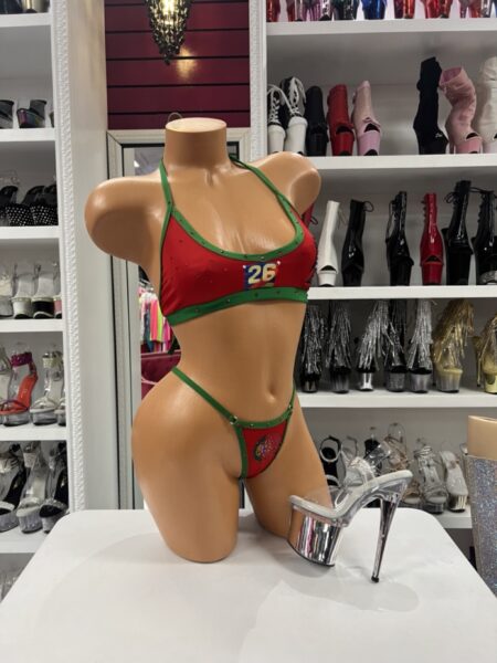 Portugal Victory Bikini featuring red fabric, green trim, halter-style top, matching thong bottom, and Portugal-inspired graphic details.