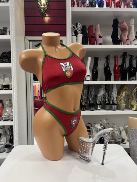 Portuguese Pride Bikini featuring red fabric, green trim, halter-style crop top, matching thong bottom, and Portugal-inspired graphics.