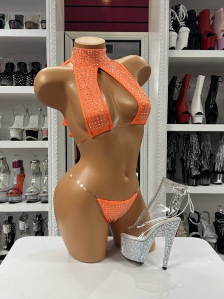 Neon Crystal Choker Bikini with crystal embellished halter top, matching thong, and clear side straps in bright orange.