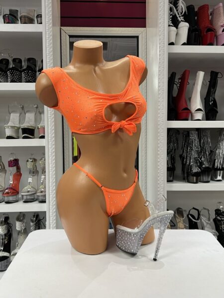 Neon Crystal Bow Bikini with orange fabric, crystal accents, front cutout, and bow detail.