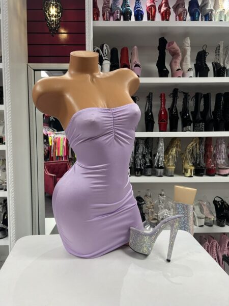 Lavender Ruched Tube Dress featuring a strapless neckline, soft stretch fabric, and gathered front ruching.