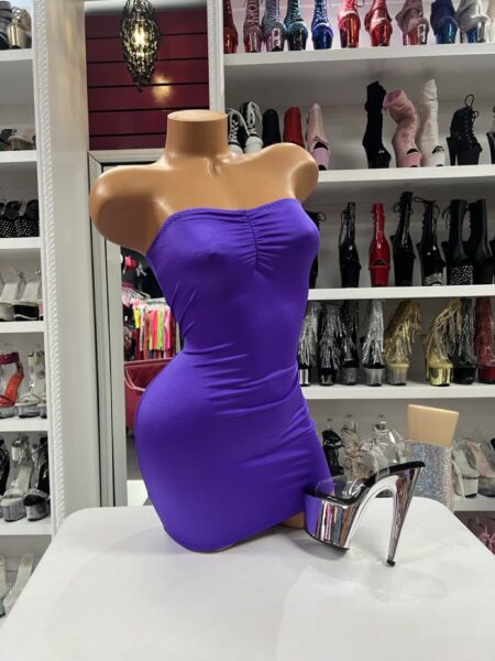 Plum Ruched Tube Dress featuring soft stretch fabric, a strapless neckline, and flattering gathered front detailing.