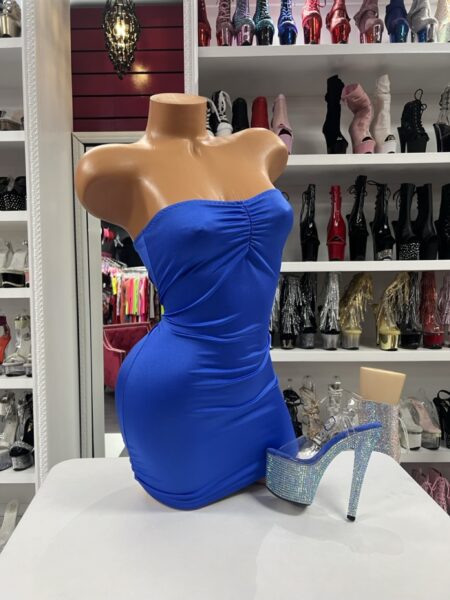Royal Ruched Tube Dress in vibrant blue stretch fabric with a strapless neckline and gathered front detail.
