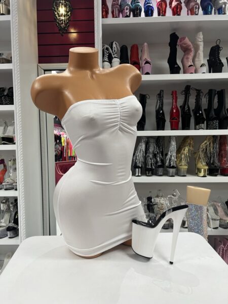 Ivory Ruched Tube Dress featuring a strapless neckline, soft stretch fabric, and gathered front detailing.
