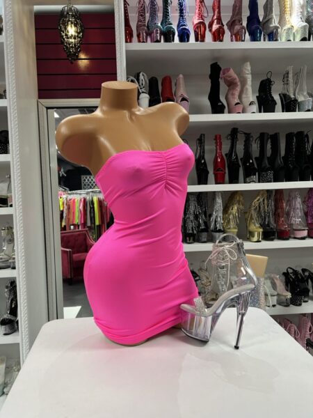 Hot Pink Tube Dress featuring a strapless neckline, ruched bust detail, and fitted mini silhouette.