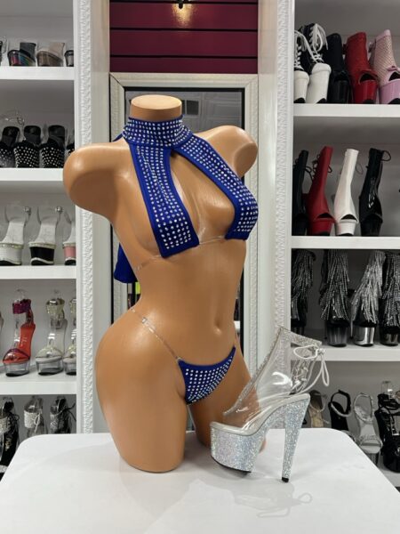 Royal Crystal Choker Bikini with rhinestone embellished choker top, transparent side straps, and matching crystal thong bottom.