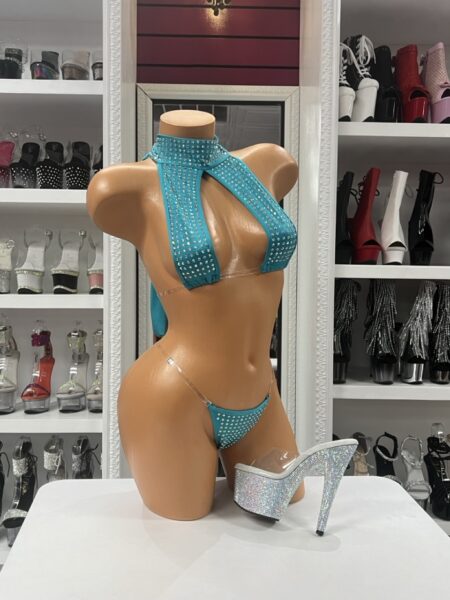 Turquoise Crystal Choker Bikini with rhinestone embellished choker top, transparent side straps, and matching crystal thong.