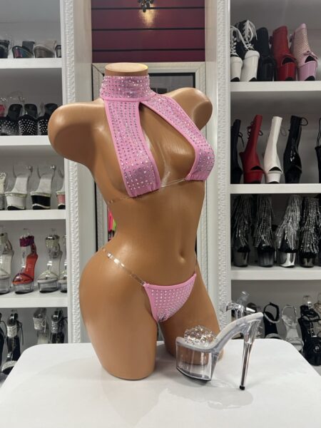 Pink Crystal Choker Bikini with rhinestone embellished halter top, attached crystal choker, transparent straps, and matching thong.