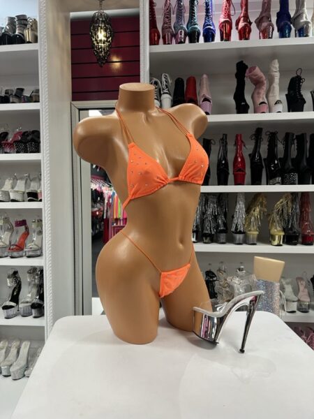 Orange Crystal String Bikini featuring crystal embellishments, a triangle top, adjustable ties, and a matching thong bottom.