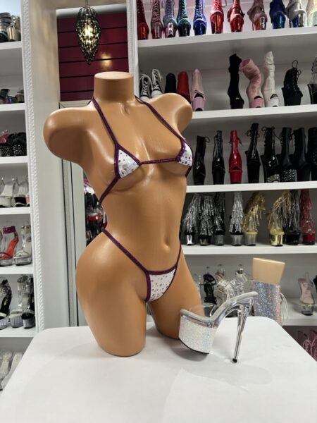 White Crystal String Bikini featuring crystal embellishments, purple trim, a triangle top, and a matching thong bottom.