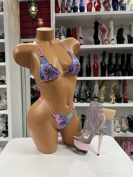 Pastel Crystal Leopard Bikini featuring a pastel leopard print triangle top, crystal embellishments, double side straps, and a matching thong bottom.
