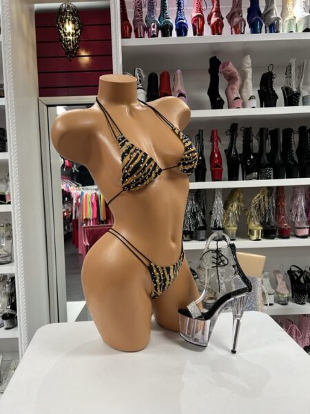 Tiger Crystal String Bikini featuring a tiger print triangle top, crystal embellishments, double side straps, and a matching thong bottom.