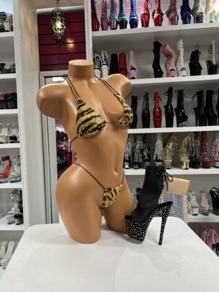 Tiger Rhinestone String Bikini featuring a tiger print triangle top, rhinestone accents, and a matching minimal thong bottom.