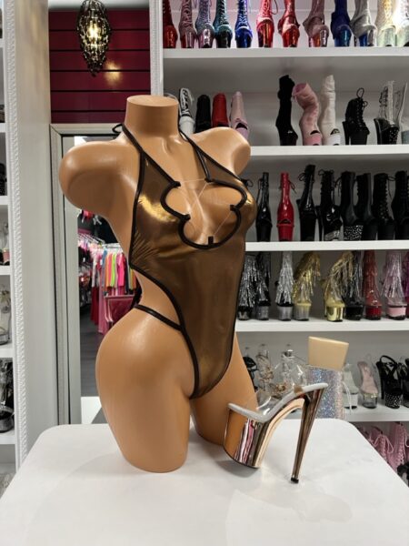 Bronze Mesh Keyhole Romper featuring metallic stretch mesh, a rounded keyhole neckline, and dramatic open side styling.