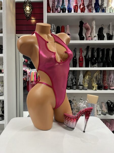 Fuchsia Mesh Keyhole Romper featuring sheer mesh fabric, a rounded keyhole neckline, and dramatic open side styling.