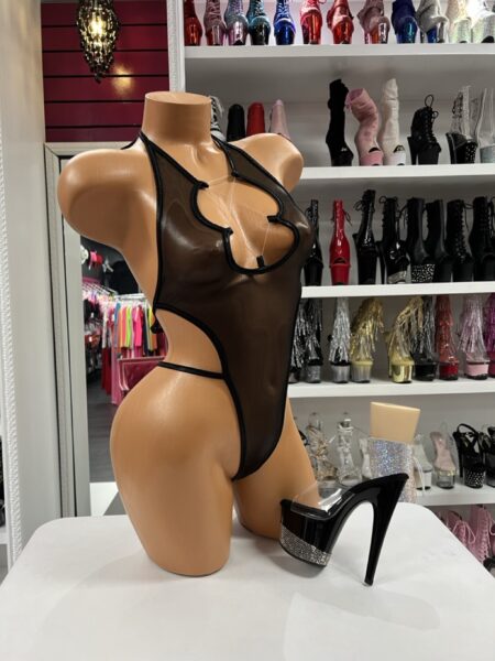 Black Mesh Heart Romper featuring sheer mesh fabric, a heart-shaped front cutout, and dramatic open side styling.