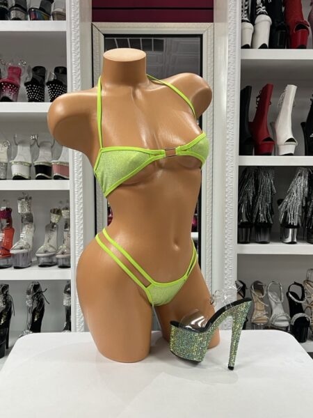 Lime Glitter Micro Bikini with shimmering stretch fabric, center hardware accent, and double side strap bottoms.
