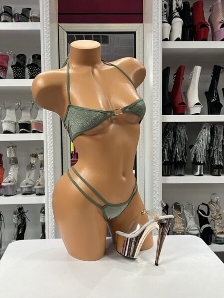 Olive Shimmer String Bikini with sparkling stretch fabric, halter top, and double side strap bottoms.
