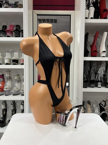 Black Cutout Teddy with plunging halter neckline, side cutouts, adjustable ties, and open-back design.