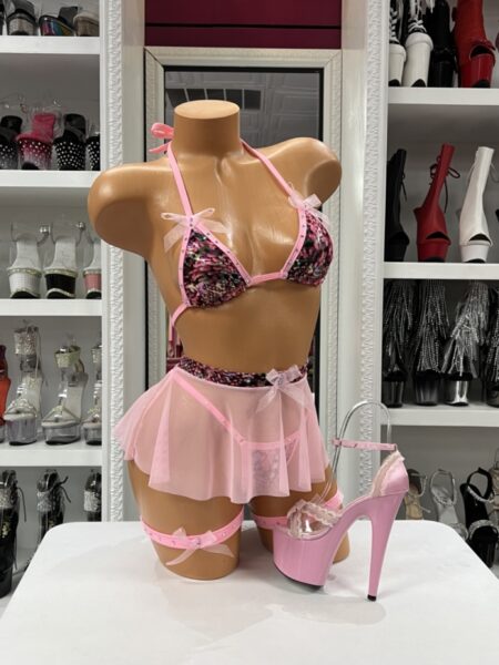 Pink Mesh Skirt Set with shimmering triangle top, sheer mesh mini skirt, and matching pink garters.