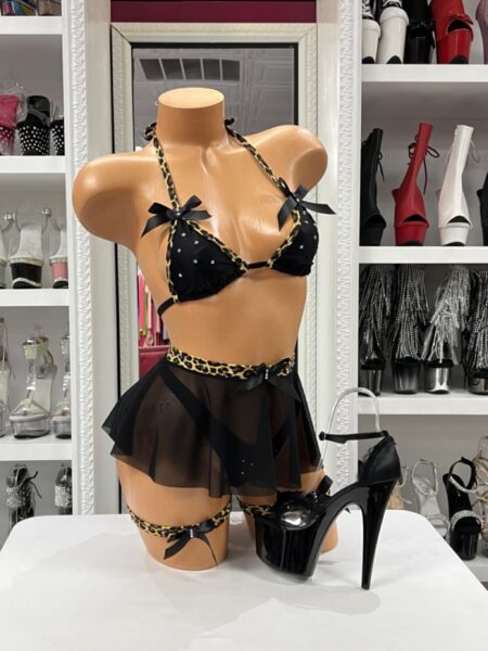 Leopard Trim Lingerie Set with sheer mesh skirt, rhinestone triangle top, and matching leopard print garters.