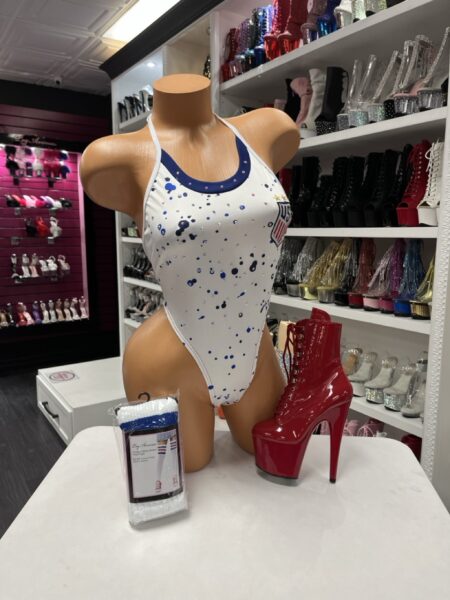USA Splash Crystal Bodysuit with blue splash print, crystal embellishments, and halter neckline