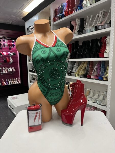 Aztec Victory Bodysuit green rhinestone soccer inspired halter bodysuit