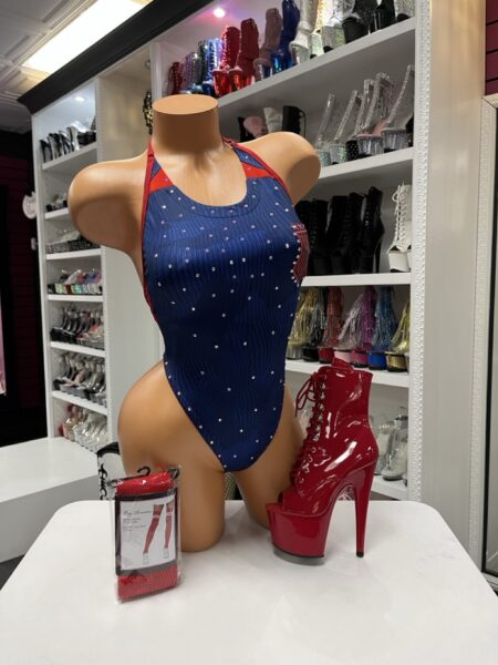 USA Soccer Crystal Bodysuit with rhinestone embellishments, patriotic red and blue accents, and high-cut styling